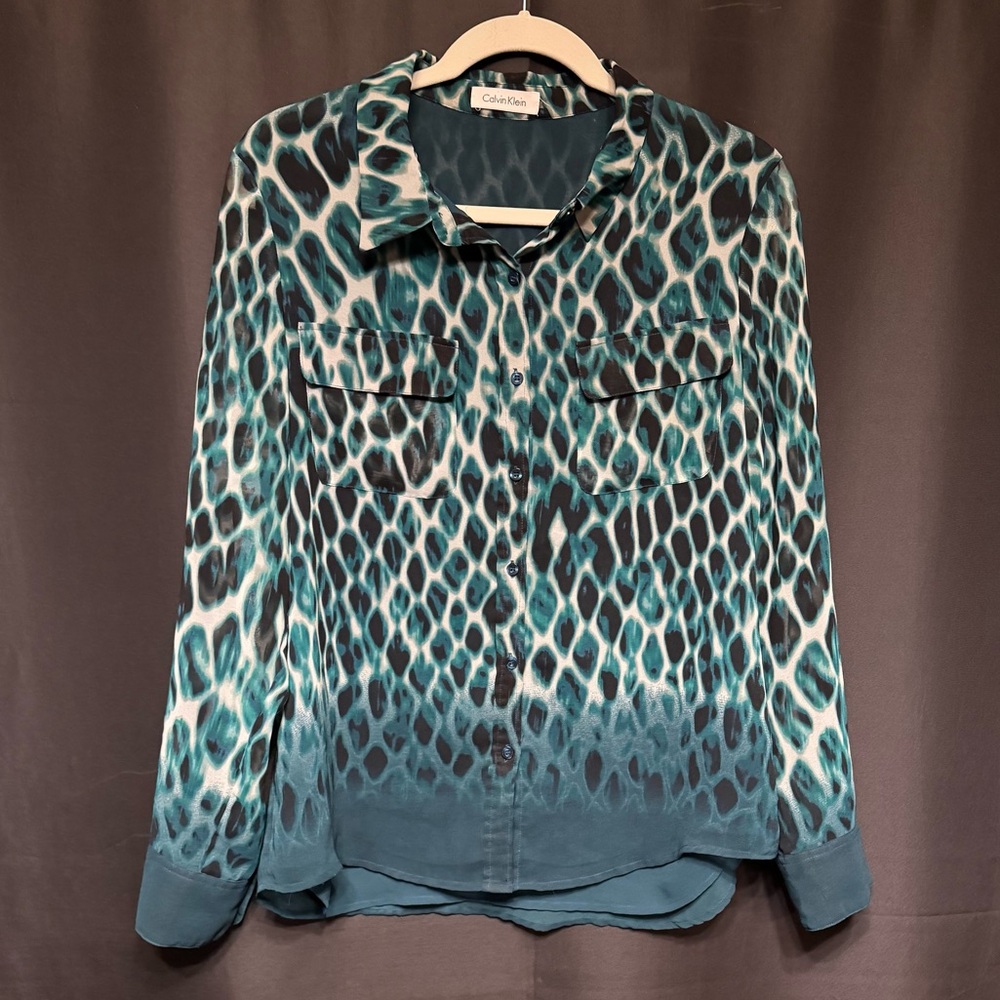 Calvin Klein Sheer Animal Print Button Down Blouse Teal Black White Ombré Lined